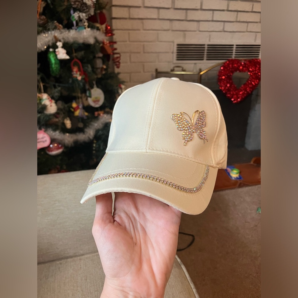 White hat with rhinestone butterfly and trim - Picture 6 of 8